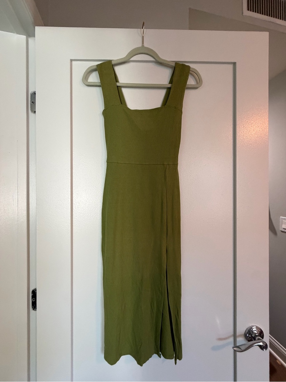 Reformation Olive Green Ribbed Square-Neck Midi Dress